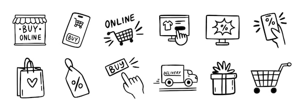comercio electrónico compras en línea doodle conjunto de iconos dibujados a mano dibujo de esquema comercio electrónico líneas de compras en línea colección de símbolos clipart