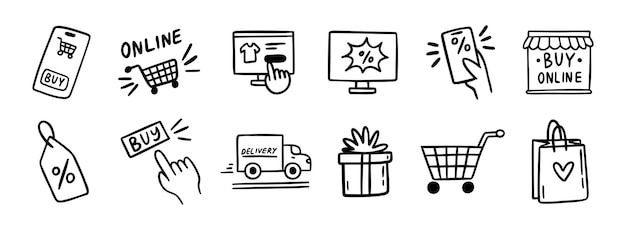 comercio electrónico compras en línea doodle conjunto de iconos dibujados a mano dibujo de esquema comercio electrónico líneas de compras en línea colección de símbolos clipart