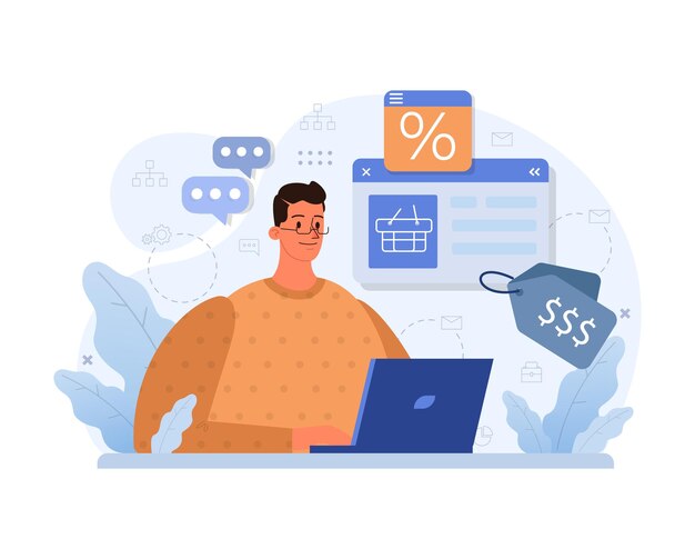 Comercio electrónico compras en línea personaje masculino compra bienes en un sitio web de tienda en línea o mercado