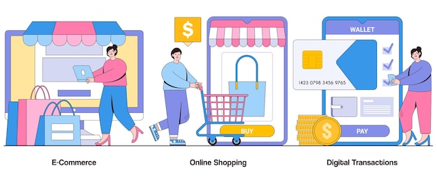 Comercio electrónico Compras en línea Transacciones digitales Concepto con carácter Ciberseguridad Resumen Vector Ilustración Conjunto Cifrado de datos Privacidad en línea Transacciones seguras Metáfora