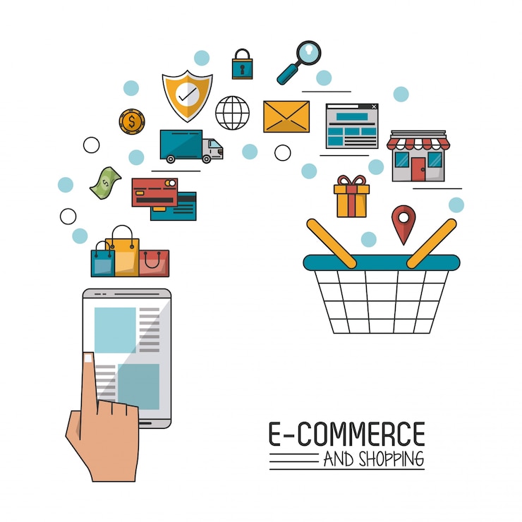 Vector comercio electrónico y compras con teléfonos inteligentes y proceso agregar al carrito de compras