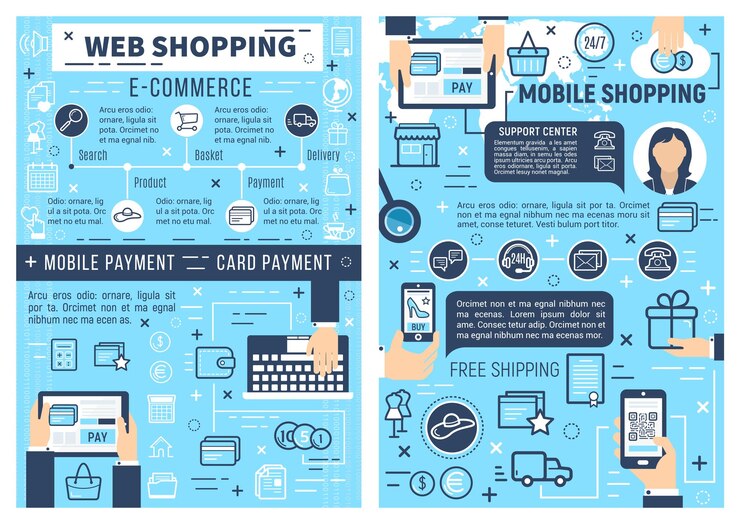Vector comercio electrónico en línea y compras móviles