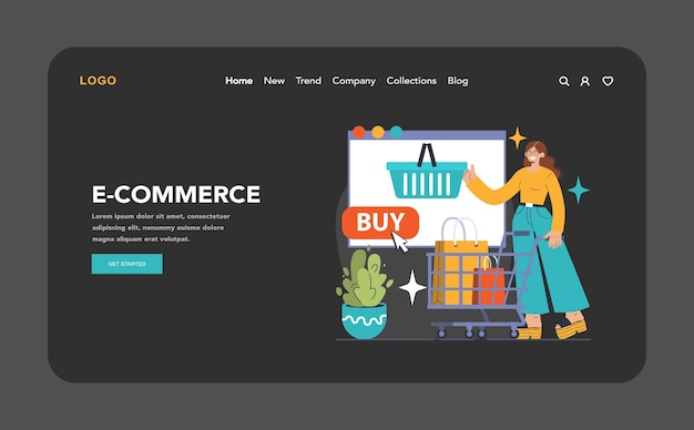 Comercio electrónico en modo oscuro o nocturno mujer de aterrizaje en la web agrega producto al carrito de compras digital
