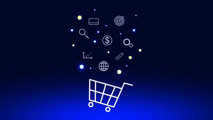 Vector comercio electrónico o concepto de marketing de compras en línea. ilustración de acciones vectoriales.