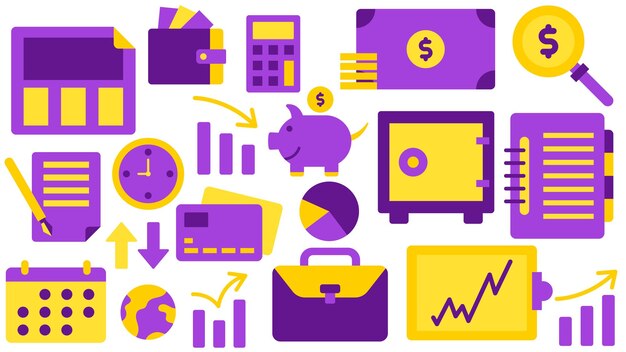 Comercio Elementos de negocios Periódico Cartera Calculadora de monedas de dinero Búsqueda de fichero de signo de dólar Reloj