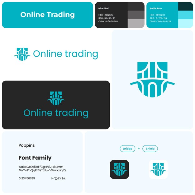 Comercio en línea 2D logotipo de negocio lineal con nombre de marca icono de puente y escudo elemento de diseño único identidad visual fuente Poppins adecuado para el comercio de mercado de valores inversión economía global
