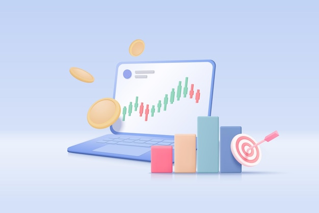 Comercio en línea 3D con computadora portátil sobre fondo de nube de cielo azul Cuaderno con gráfico de negocios de financiación en computadora con concepto de moneda de dinero Comercio de vectores 3d para ilustración de representación de inversión empresarial