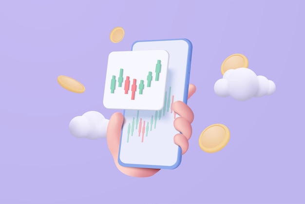 Vector comercio en línea 3d con teléfono inteligente y moneda de dinero en el fondo de la nube de cielo azul gráfico de inversión utilizando negocios de financiación en el concepto móvil en la mano comercio de vectores 3d para ilustración de representación de inversión