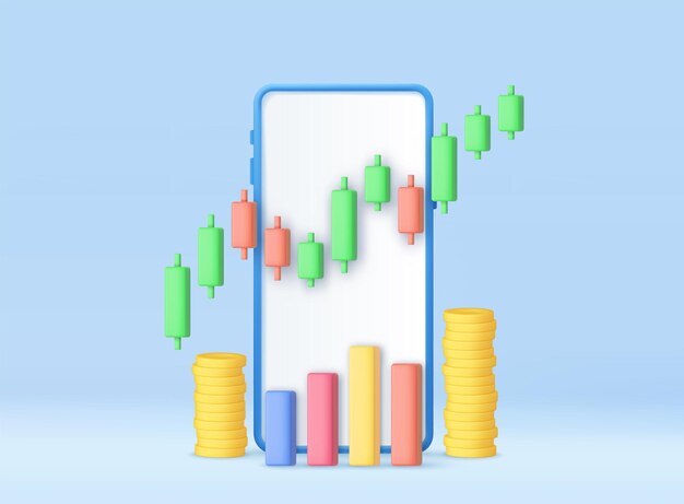 Vector comercio en línea de acciones en 3d con teléfonos inteligentes y monedas de dinero inversión en el mercado de valores gráfico de velas renderización en 3d ilustración vectorial