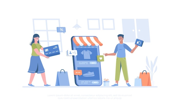 Comercio móvil El comprador elige productos en la tienda en línea y realiza compras y actividades en la aplicación