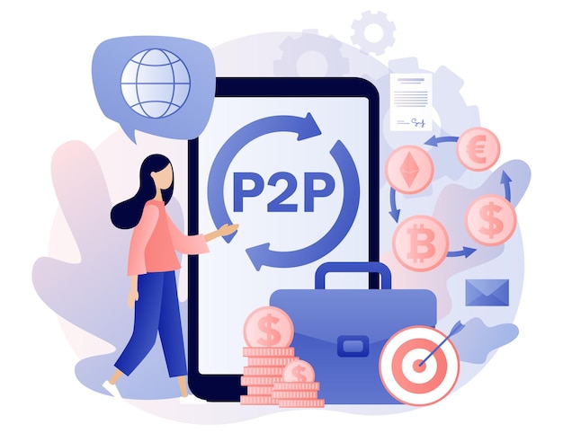 Comercio entre pares en línea Préstamos P2P Inversión en préstamo Acuerdo de depósito Mujer diminuta invertir
