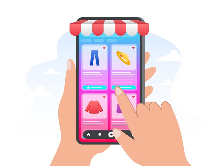 Vector comercio en redes sociales concepto de negocio utilizar el teléfono inteligente para comprar productos en línea ilustración plana