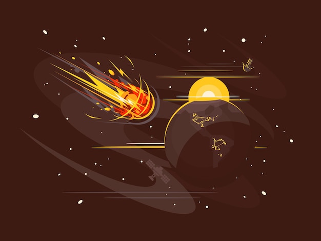 Vector el cometa ardiente en el espacio vuela a gran velocidad. ilustración vectorial