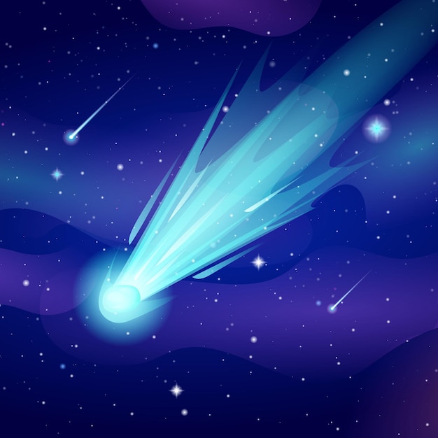 El cometa brillante cae con un rastro de velocidad azul en el espacio del cielo Ilustración de dibujos animados vectorial