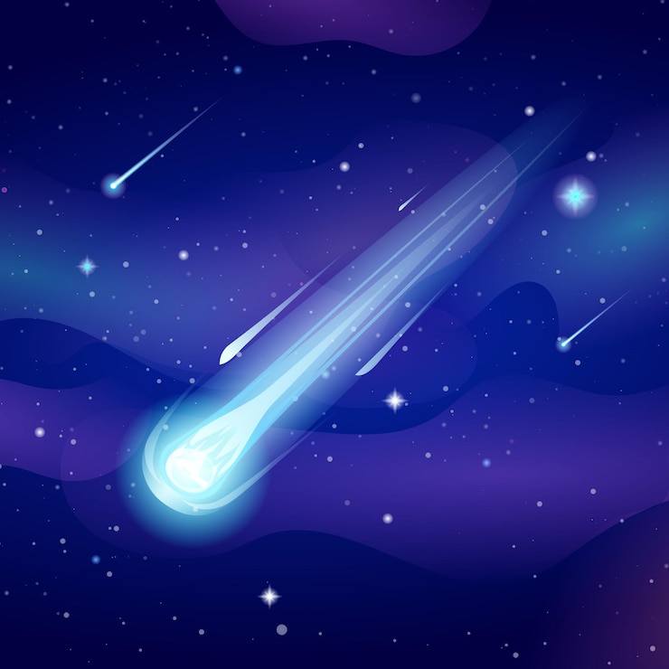 Vector cometa cae con un rastro de fuego azul en el espacio estrellado asteroide o meteorito volando en el cielo nocturno