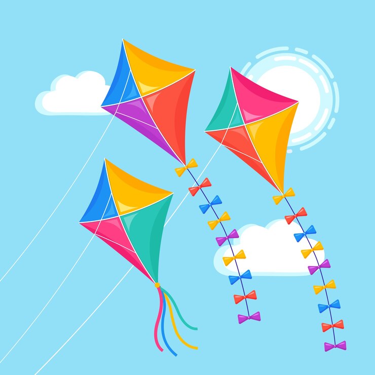 Vector cometa colorida volando en el cielo azul, sol. verano, vacaciones de primavera, juguete para niño.