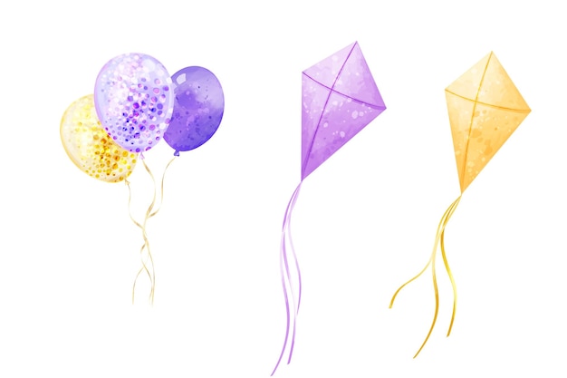 Cometa y globos Vector acuarela conjunto de volar en el aire elementos para niños tarjetas de diseño invitación de cumpleaños