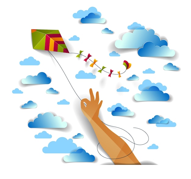 Cometa de mano sobre el cielo nublado, concepto emocional de libertad y facilidad, ilustración 3d de corte de papel de estilo moderno vectorial.