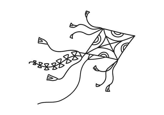 Cometa con ornamento de patrón volando en las nubes dibujo a mano del icono dibujado dibujo de la línea