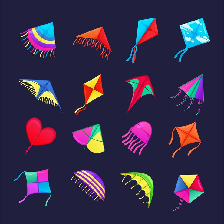 Vector cometa voladora juego al aire libre para niños juguete colorido en el viento con cola y cinta festival de verano vacaciones de makar sankranti formas de papel flotante ocio para niños conjunto de iconos de dibujos animados vectoriales
