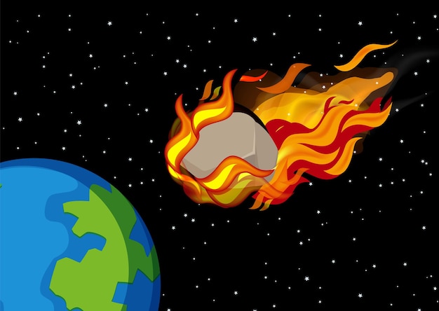 Vector cometas y asteroides en llamas se acercan a la tierra