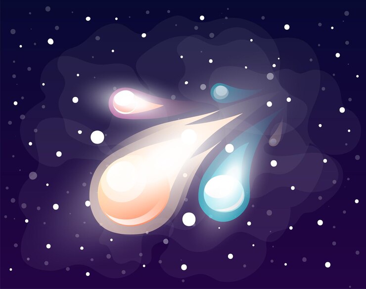 Vector cometas brillantes que caen volando en el fondo de la galaxia o el espacio con el icono del juego de estrellas en estilo vectorial
