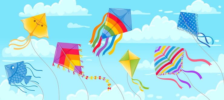 Vector cometas en el cielo. verano de cielos azules y nubes con cometa en cuerda volando en el viento. bandera del festival de cometas. fondo de vector de pasatiempo de diversión al aire libre. ilustración cometa en el cielo del aire, diferentes juguetes al aire libre