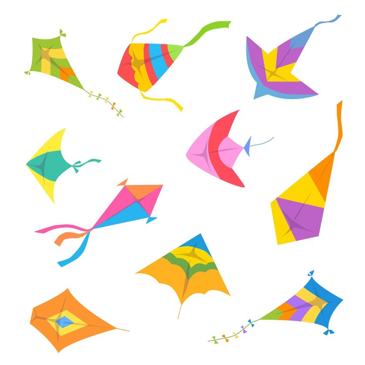 Vector cometas de dibujos animados. elevándose con el viento en el cielo. animación al aire libre para niños.