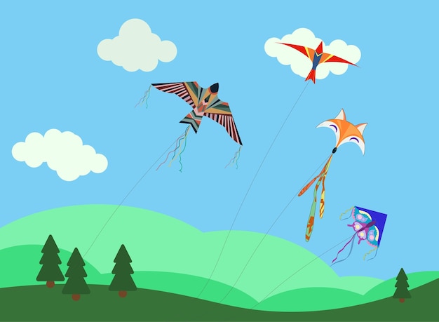 Cometas de dibujos animados Juguete volador de viento con cinta y cola para niños Makar Sankranti Mariposa zorro águila cometa forma y diseño vector conjunto Ilustración viento cometa juego verano juguete volador