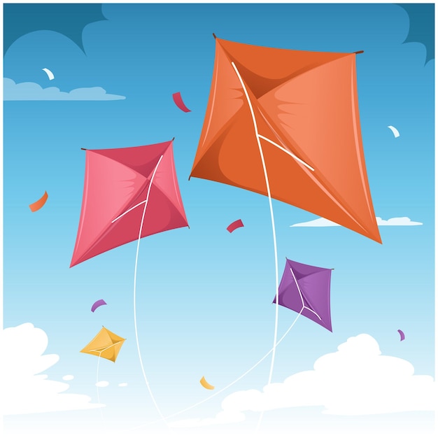 Cometas de dibujos animados. Juguete volador de viento con cinta y cola para niños. Makar Sankranti. Mariposa,