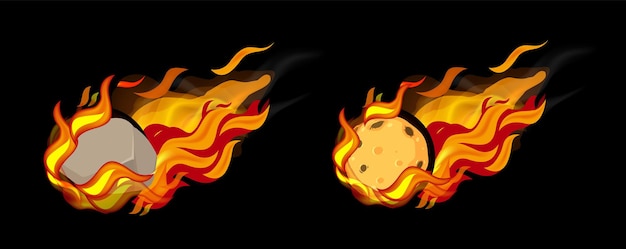 Cometas en llamas Asteroides y meteoros en ilustración vectorial