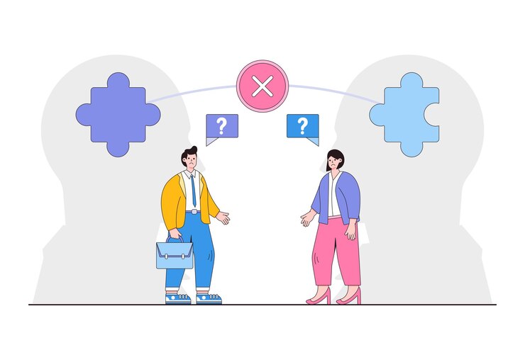 Vector cometer una estrategia de error diferente decisión de negocios elección incorrecta elegir conceptos de solución de falla conflicto empresarios de pie cerca de su cabeza cerebro con piezas de rompecabezas incorrectas