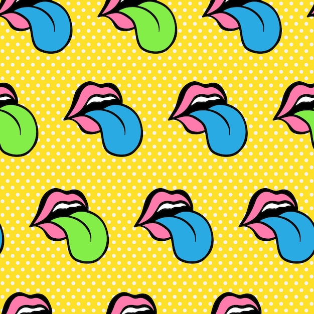 Comic lindos labios juveniles de patrones sin fisuras adolescente colorido vector pegatinas parches en estilo de arte pop de música rock de los años 70 80 90 para computadora portátil chaqueta de jeans ropa de adolescente adolescente amarillo azul rosa