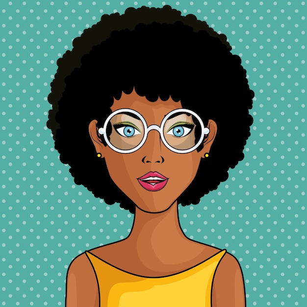 Vector cómic mujer afroamericana como icono de arte pop sobre ilustración de vector de fondo punteado cerceta