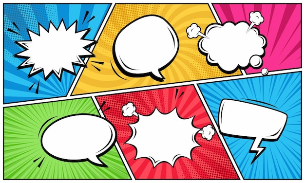 Cómic de panel colorido con conjunto de burbujas de habla en blanco