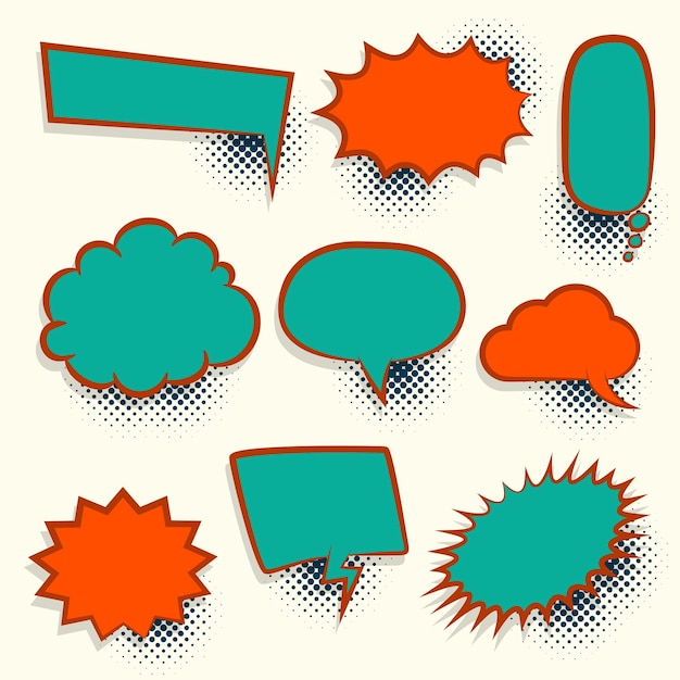 Comic set retro color vacío discurso burbuja pop art estilo vector plantilla de anuncio de dibujos animados