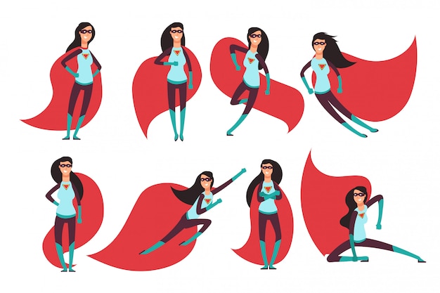 Comic superwoman acciones en diferentes poses. Personajes de dibujos animados de vector de superhéroe femenino