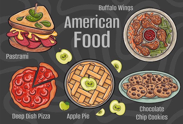 Vector comida americana un conjunto de platos clásicos ilustración dibujada a mano de dibujos animados