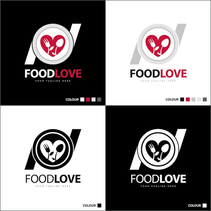 Vector comida amor restaurante y cafetería silueta modelo de diseño de conjunto de logotipo