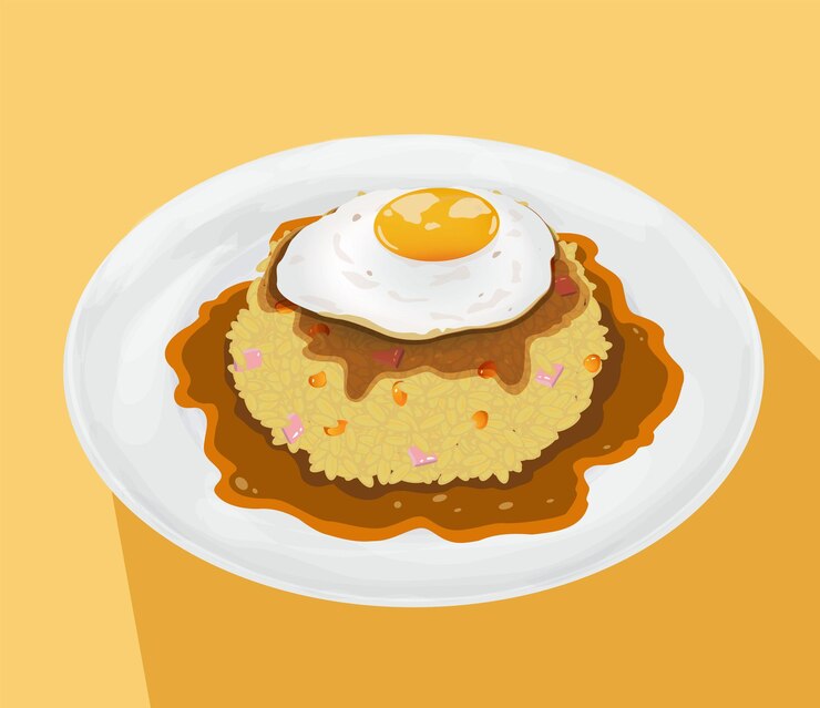 Comida asiática Arroz al curry con huevo frito.