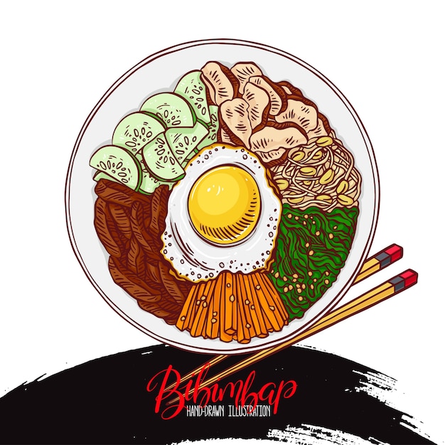 Comida asiática. bibimbap comida coreana. ilustración dibujada a mano