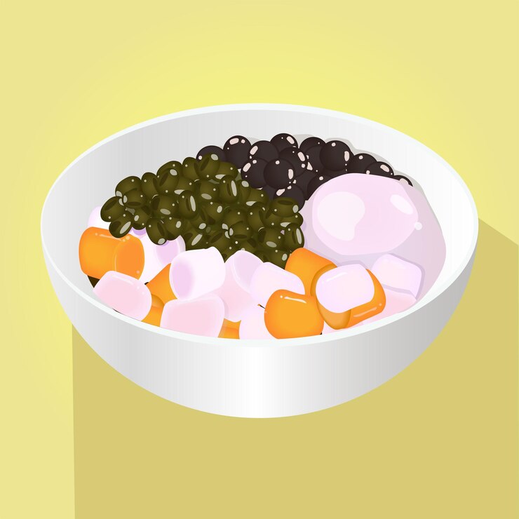 Comida asiática bolas de Taro y frijoles mung con sopa dulce en un tazón blanco