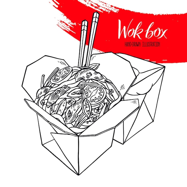 Comida asiática. Caja de wok con carne y verduras. Ilustración dibujada a mano