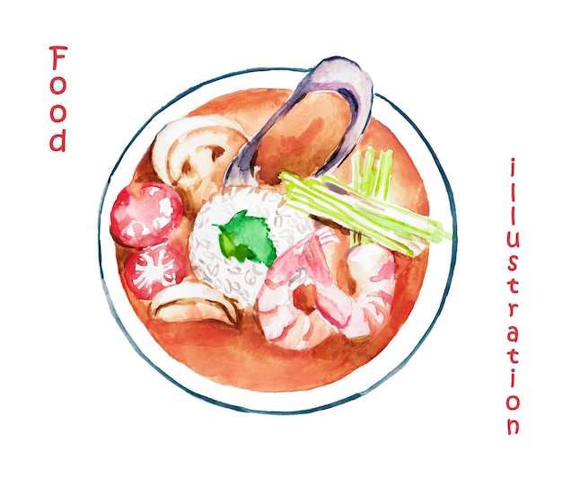 Comida asiática, cocina japonesa, plato de mariscos, comida china, ilustración de comida, ilustración de acuarela