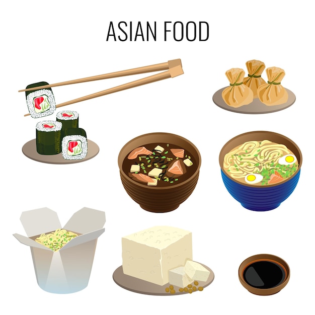 Comida asiática. colección de platos asiáticos nacionales tradicionales en blanco. banner de web de cocina oriental. ilustración de sushi con palos largos, sopa de ramen, tipo de potaje, comida en caja de cartón.