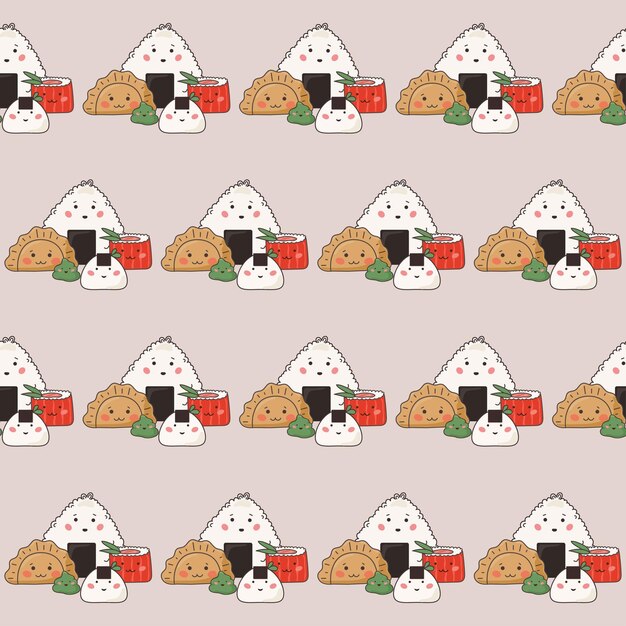 Comida asiática Doodle Envoltura Papel Imprimir Swatch Símbolo divertido Diseño de fondo de patrones sin fisuras