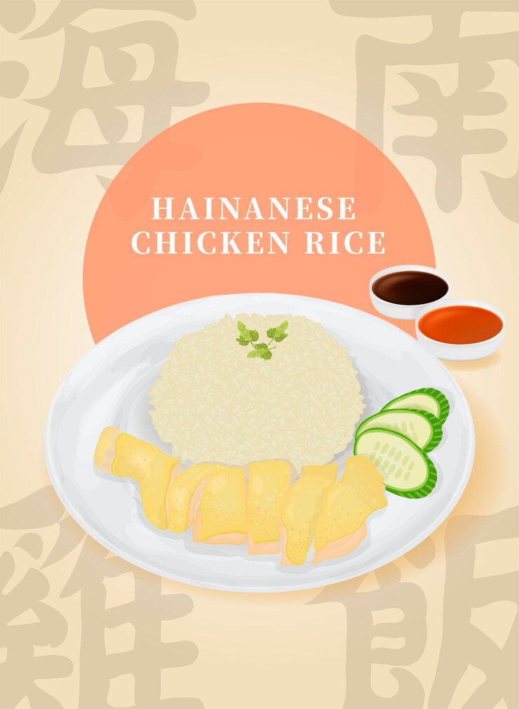 Comida asiática Hainanses pollo arroz con cartel de sause