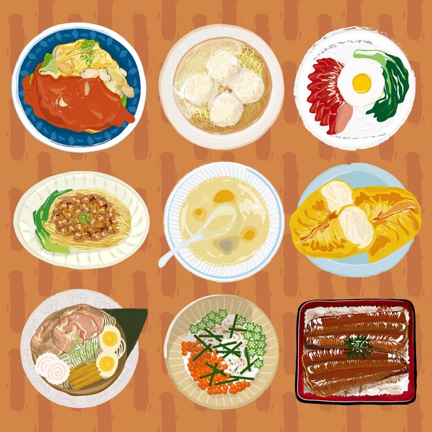 Vector comida asiática hong kong japón taiwán cocina vector set char siu arroz wonton fideos oyster omelet