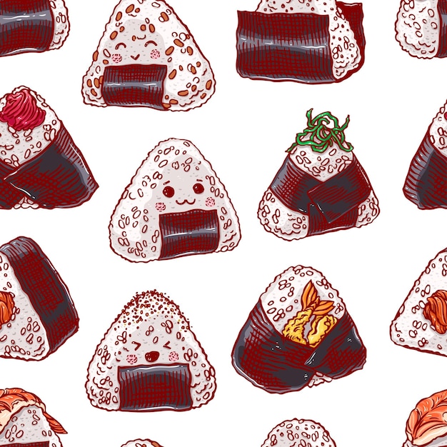 Comida asiática. lindo patrón sin costuras de diferentes onigiri. ilustración dibujada a mano