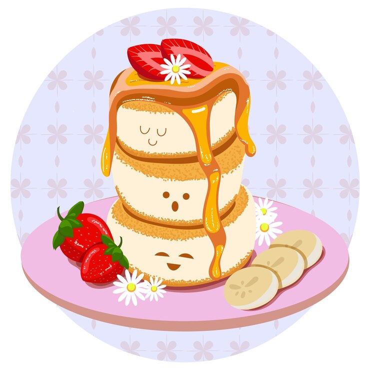 Vector comida asiática panqueques doraka dulces japoneses con jarabe. estilo kawaii